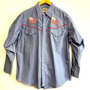 ELY Cattleman Western Shirt American Flag Pearl Snap button down Men Size XL